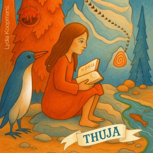 Illustratie van Thuja-kind bij een berg en stroompje met oranje en blauwe bomen – illustratie door Lydia Koopmans