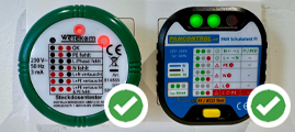 PAN Schuko tester in stopcontact – beide testers correct aangesloten voor controle van aarding