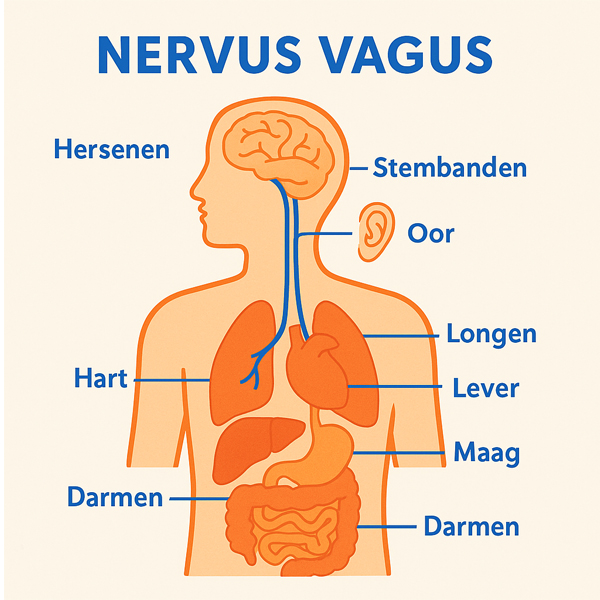 Illustratie van de nervus vagus, met verbindingen naar hersenen, hart, longen, maag, darmen en oor in oranje, wit en blauw.