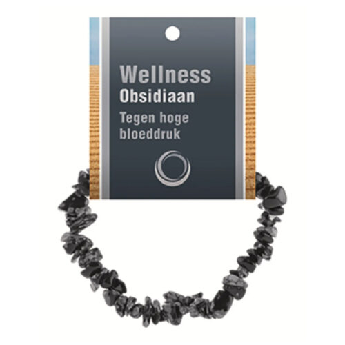 Obsidiaan sneeuwvlok splitarmbandje van zwart witte natuurlijke splitsteentjes op elastiek met displaykaartje van Ruben Robijn