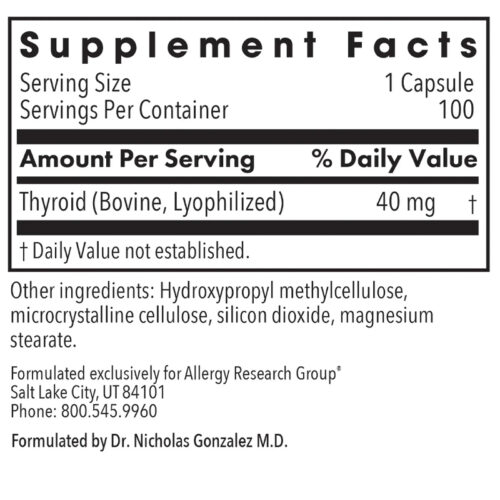 Thyroid Natural Glandular supplement 100 capsules schildklier ondersteuning - etiket