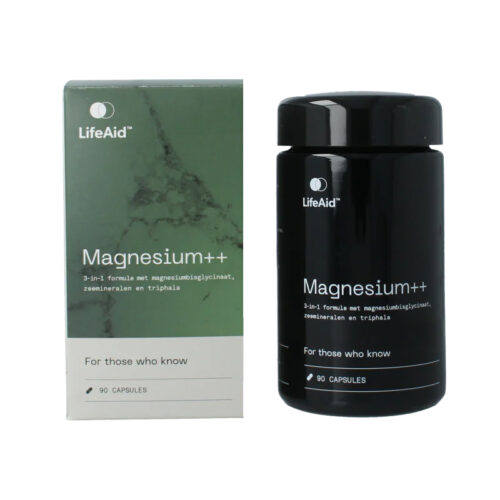 LifeAid Magnesium++ bisglycinaat met zeemineralen en triphala capsules. Doosje en pot.