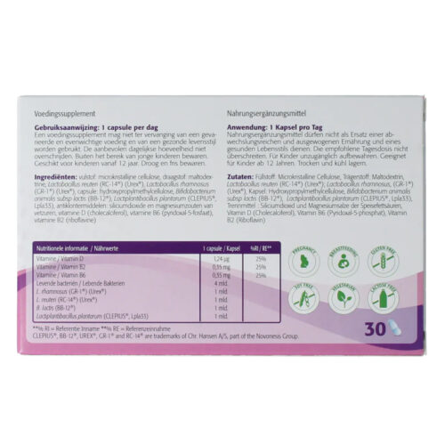 Metagenics Bactiol Women met levende bacteriën en vitaminen voor dagelijks gebruik. Achterkant doosje.