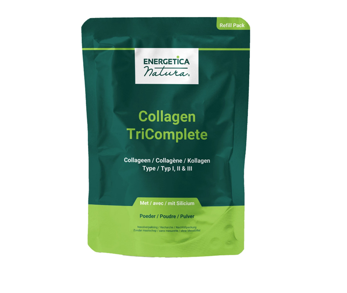 Collagen Tricomplete navulling 400 g van Energetica Natura – complete collageenformule met vitamine C, E, zink, silicium, mangaan en biotine.