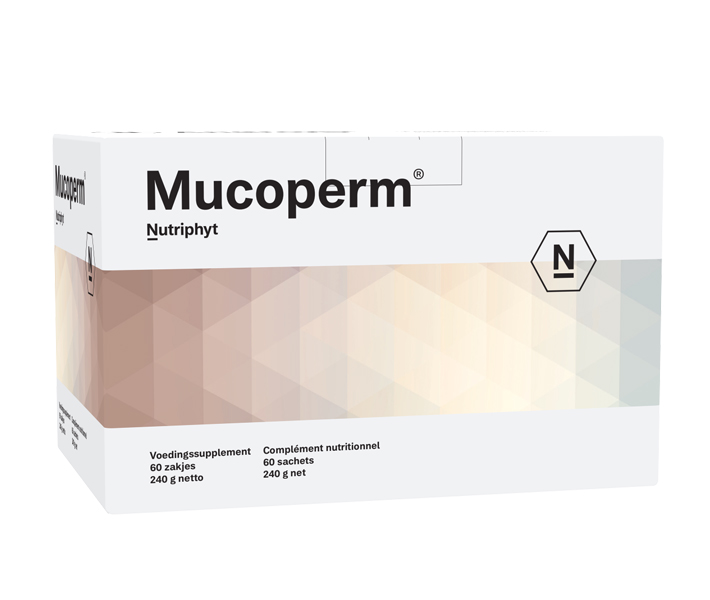 Verpakking van Nutriphyt Mucoperm 60 zakjes – poedervormig voedingssupplement met vitaminen, mineralen en plantaardige ingrediënten