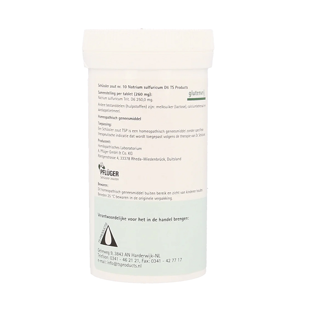 Pfluger Natrium Sulfuricum 10 D6 Schussler celzout homeopathisch geneesmiddel 400 tabletten 250mg lactose calciumbehenaat aardappelzetmeel. Gebruiksaanwijzing.