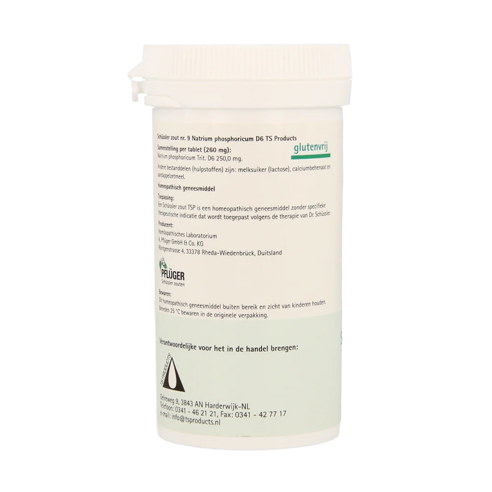 Pfluger Natrium Phosphoricum 9 D6 Schussler celzout homeopathisch geneesmiddel 250mg tabletten lactose calciumbehenaat aardappelzetmeel. Gebruik.