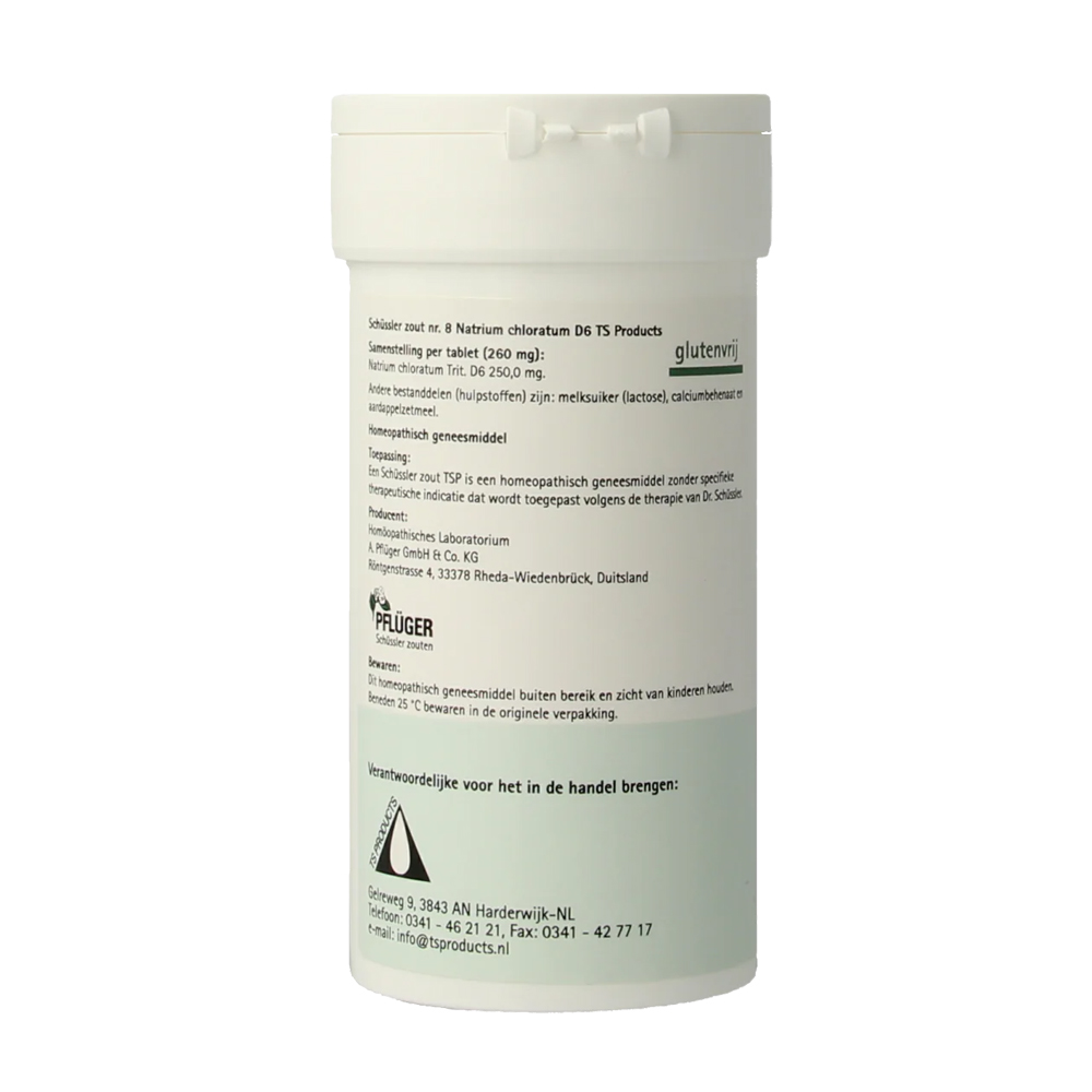 Pfluger Natrium Chloratum 8 D6 Schussler celzout homeopathisch geneesmiddel 250mg tabletten lactose calciumbehenaat aardappelzetmeel. Gebruik.