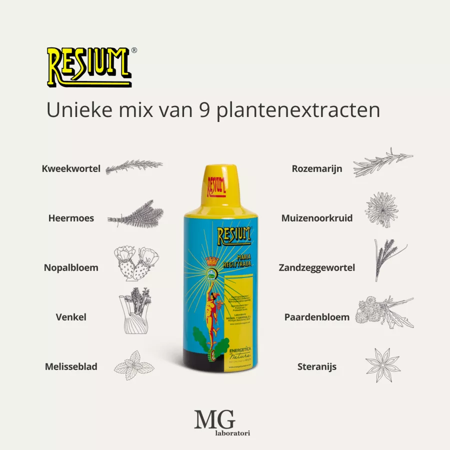 Resium reinigende kruidendrank Lab Miquel y Garriga – 10 kruiden hydrolaat kweekwortel paardenbloem heermoes lever galblaas nieren 600 ml 1000 ml