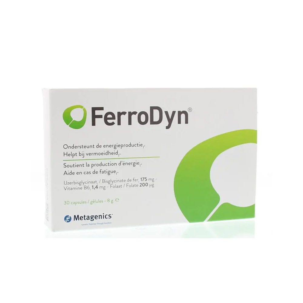Metagenics FerroDyn 30 capsules – ijzerbisglycinaat 175 mg 28 mg elementair ijzer 200% RI actief folaat calcium-L-methylfolaat vitamine B6 pyridoxal-5-fosfaat