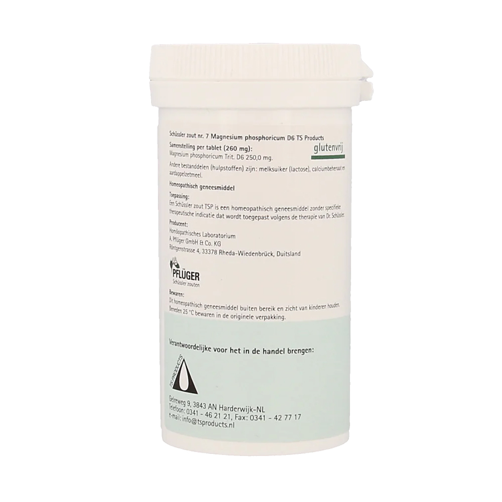 Pfluger Magnesium Phosphoricum 7 D6 Schussler celzout homeopathisch geneesmiddel 400 tabletten 250mg lactose calciumbehenaat aardappelzetmeel. Gebruik.