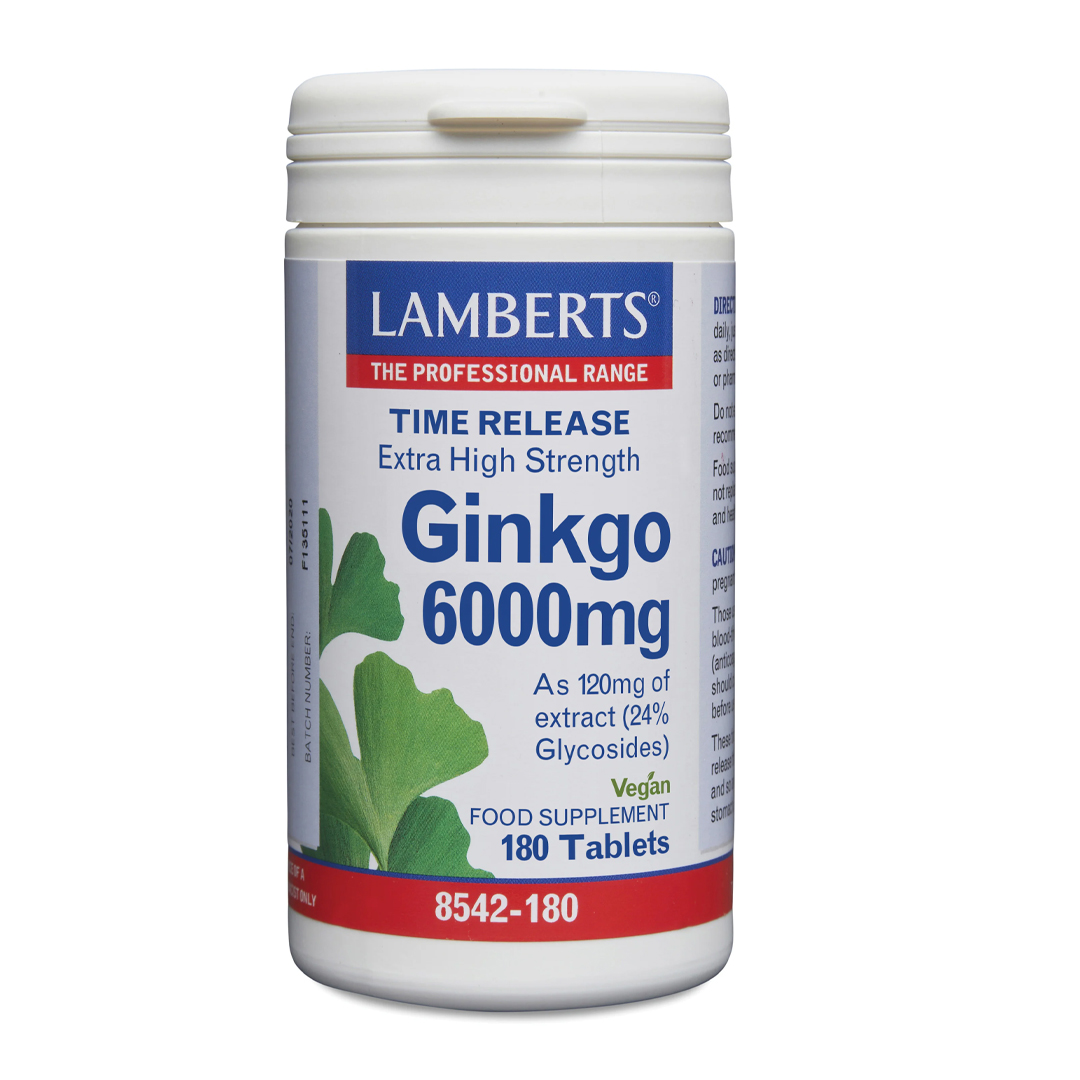 Lamberts Ginkgo 6000 180 tabletten – 120 mg ginkgo biloba 50:1 extract gelijkwaardig aan 6000 mg met flavonglycosiden en ginkgoliden, time release