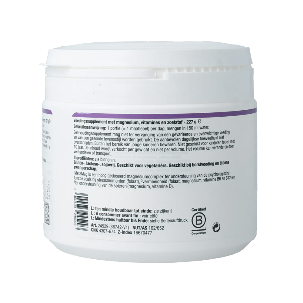 Metagenics Metamag Perzik NF 227 gram – magnesium 300 mg bisglycinaat glycerofosfaat taurine vitamine B6 B12 methylcobalamine folaat methylfolaat vitamine C D perziksmaak
