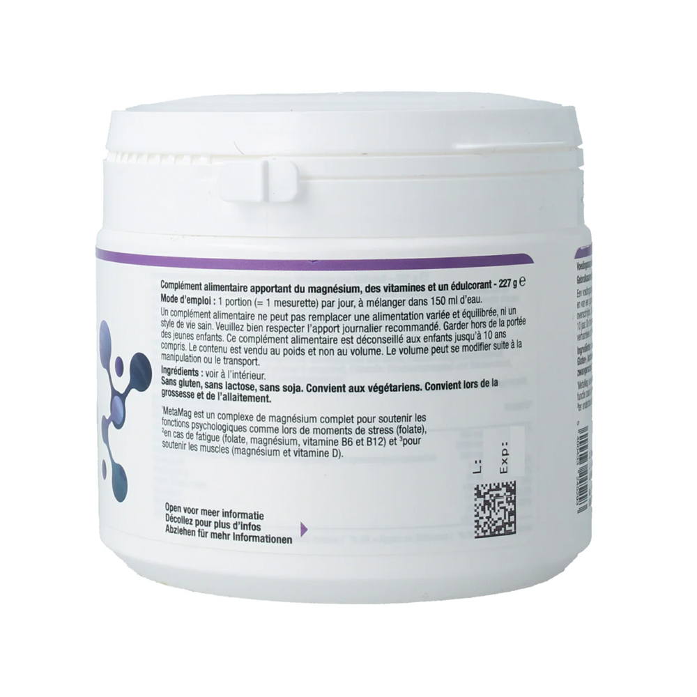 Metagenics Metamag Perzik NF 227 gram – magnesium 300 mg bisglycinaat glycerofosfaat taurine vitamine B6 B12 methylcobalamine folaat methylfolaat vitamine C D perziksmaak