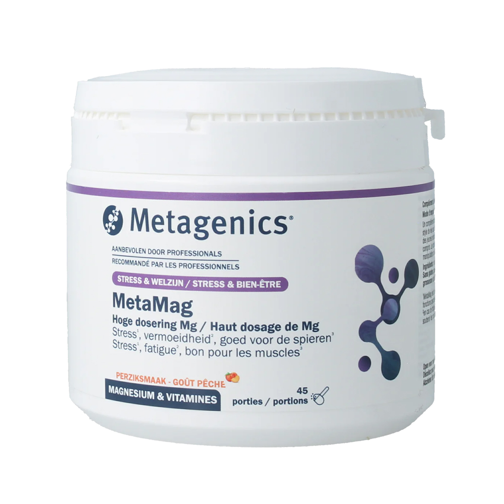 Metagenics Metamag Perzik NF 227 gram – magnesium 300 mg bisglycinaat glycerofosfaat taurine vitamine B6 B12 methylcobalamine folaat methylfolaat vitamine C D perziksmaak