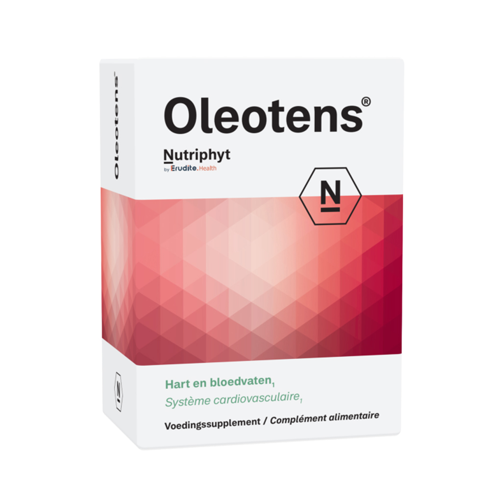Nutriphyt Oleotens – plantaardige formule met olijfboom, wijnstok, zeeden, duizendblad, CoQ10, vitamine K2 & D3 en magnesium. 60 tabletten. EAN 5430000149358. Cura Vitalis.