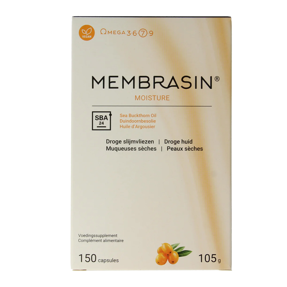 Membrasin Omega 7 150 vegicapsules - SBA24 duindoornbesolie CO2-extractie palmitoleïnezuur 476mg vitamine E vitamine A betacaroteen plantaardige capsule vegan