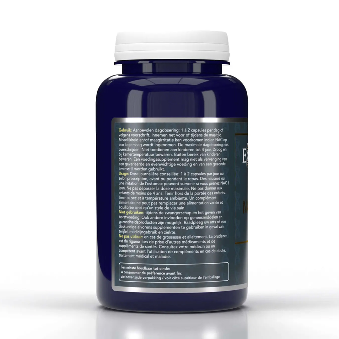 Zijkant pot NAC 500 N acetyl cysteïne 120 capsules van Exendo Epigenomics