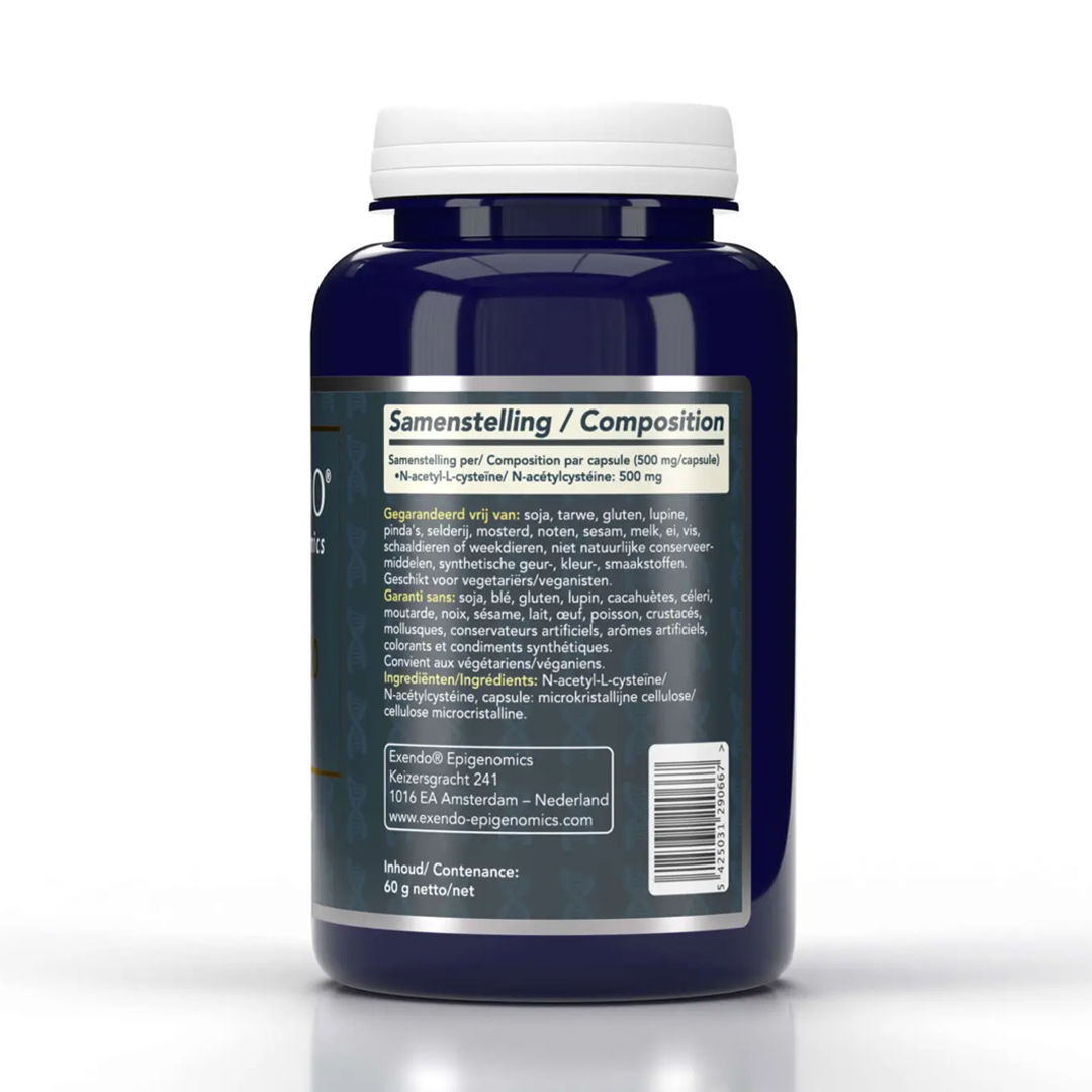 Zijkant pot NAC 500 N acetyl cysteïne 120 capsules van Exendo Epigenomics