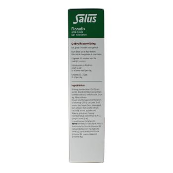 Salus Floradix IJzer Elixer 500 ml - vloeibaar ijzer gluconaat 11,3mg vitamine B1 B2 B6 B12 C plantenextract vruchtensapconcentraten honing rozenbottel. Zonder alcohol.