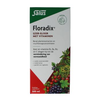 Salus Floradix IJzer Elixer 500 ml - vloeibaar ijzer gluconaat 11,3mg vitamine B1 B2 B6 B12 C plantenextract vruchtensapconcentraten honing rozenbottel. Zonder alcohol.
