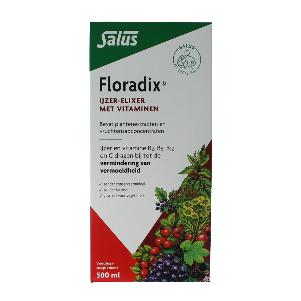 Salus Floradix IJzer Elixer 500 ml - vloeibaar ijzer gluconaat 11,3mg vitamine B1 B2 B6 B12 C plantenextract vruchtensapconcentraten honing rozenbottel. Zonder alcohol.