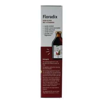 Salus Floradix IJzer Elixer 500 ml - vloeibaar ijzer gluconaat 11,3mg vitamine B1 B2 B6 B12 C plantenextract vruchtensapconcentraten honing rozenbottel. Zonder alcohol.