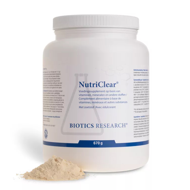 Biotics Research NutriClear 670 gram – erwtenproteïne 5,7g MCT 400mg L-glutamine betaïne NAC glutathion quercetine molybdeen selenium actief B12 vanille vegetarisch