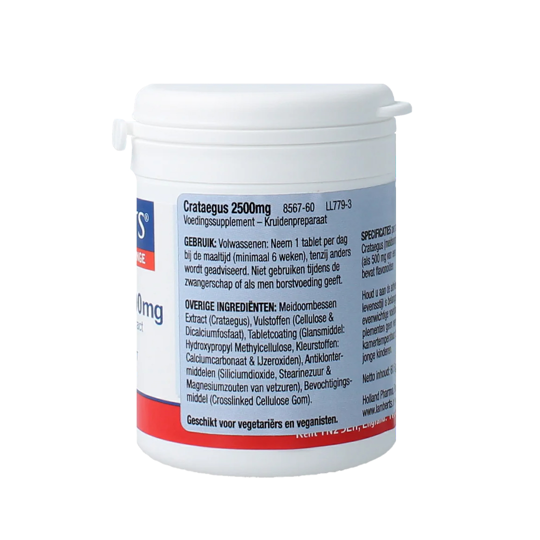 Lamberts Crataegus 2500 mg Meidoorn 60 tabletten – 500 mg 5:1 meidoornbessenextract gelijkwaardig aan 2500 mg met 10 mg flavonoïden, veganistisch