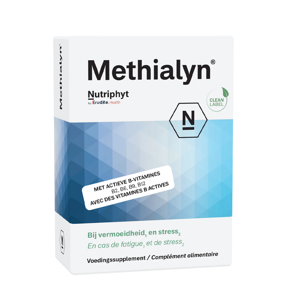 Nutriphyt Methialyn tabletten – actief vitamine B-complex SAMe betaïne L-glutathion L-cysteïne choline methylcobalamine riboflavine-5-fosfaat pyridoxaal-5-fosfaat 5-MTHF blauwe bosbes