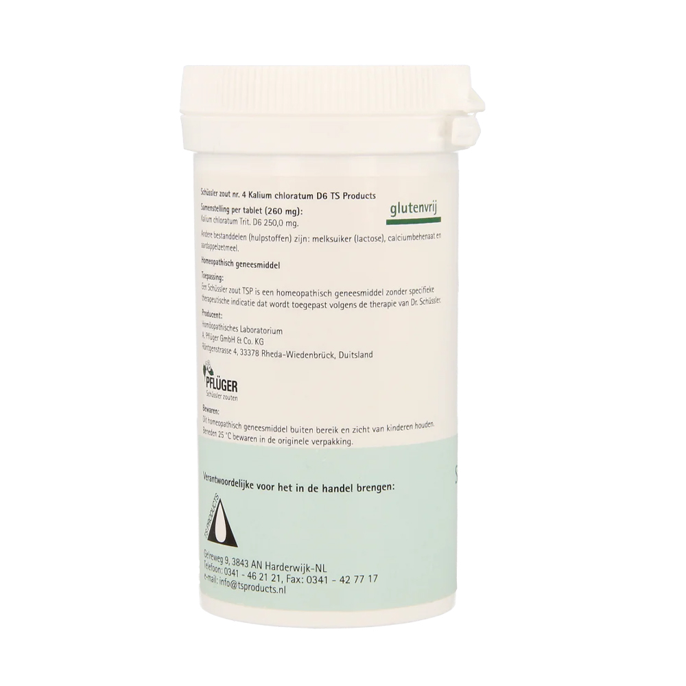 Pfluger Kalium Chloratum 4 D6 Schussler celzout homeopathisch geneesmiddel 400 tabletten lactose calciumbehenaat aardappelzetmeel. Gebruiksaanwijzing.