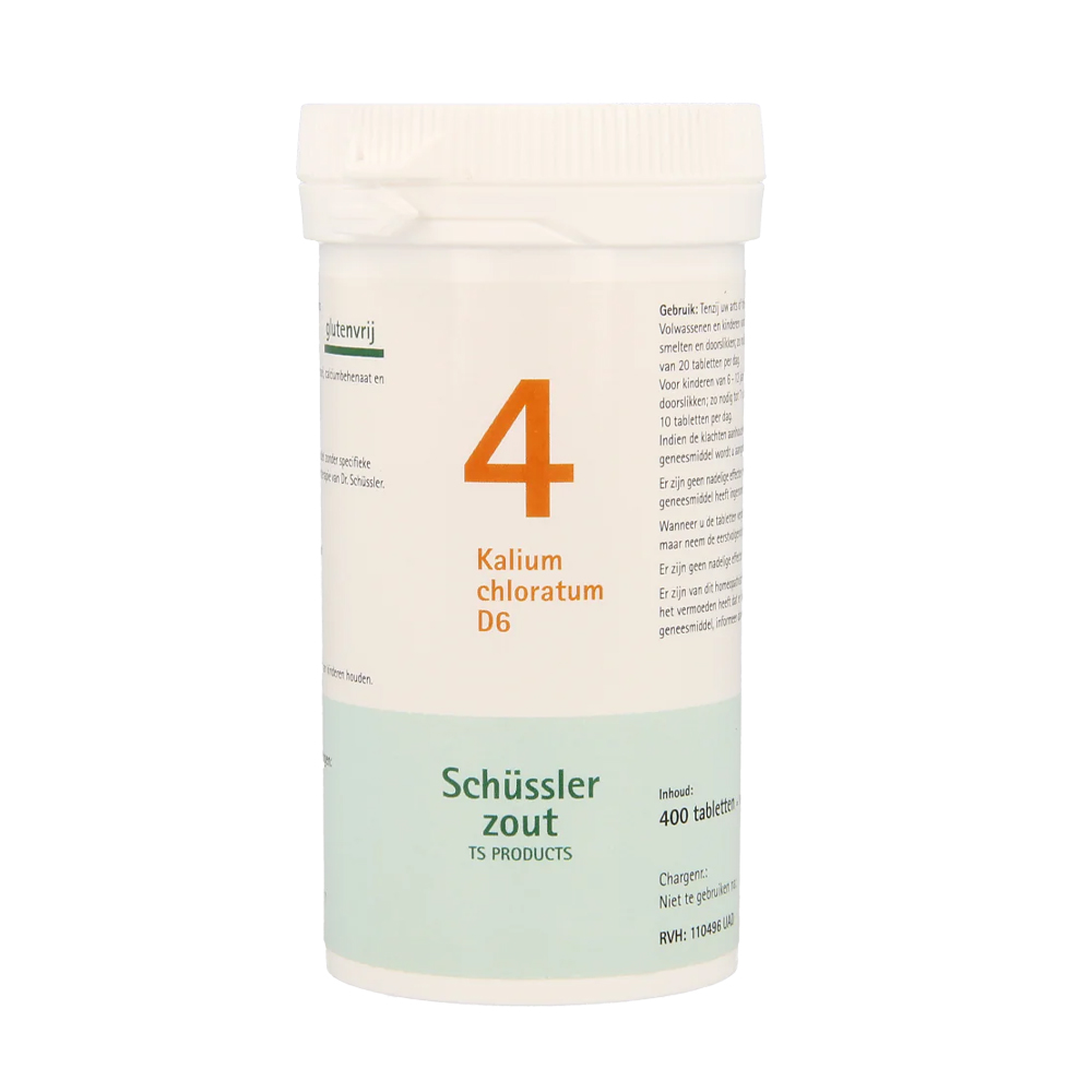Pfluger Kalium Chloratum 4 D6 Schussler celzout homeopathisch geneesmiddel 400 tabletten lactose calciumbehenaat aardappelzetmeel