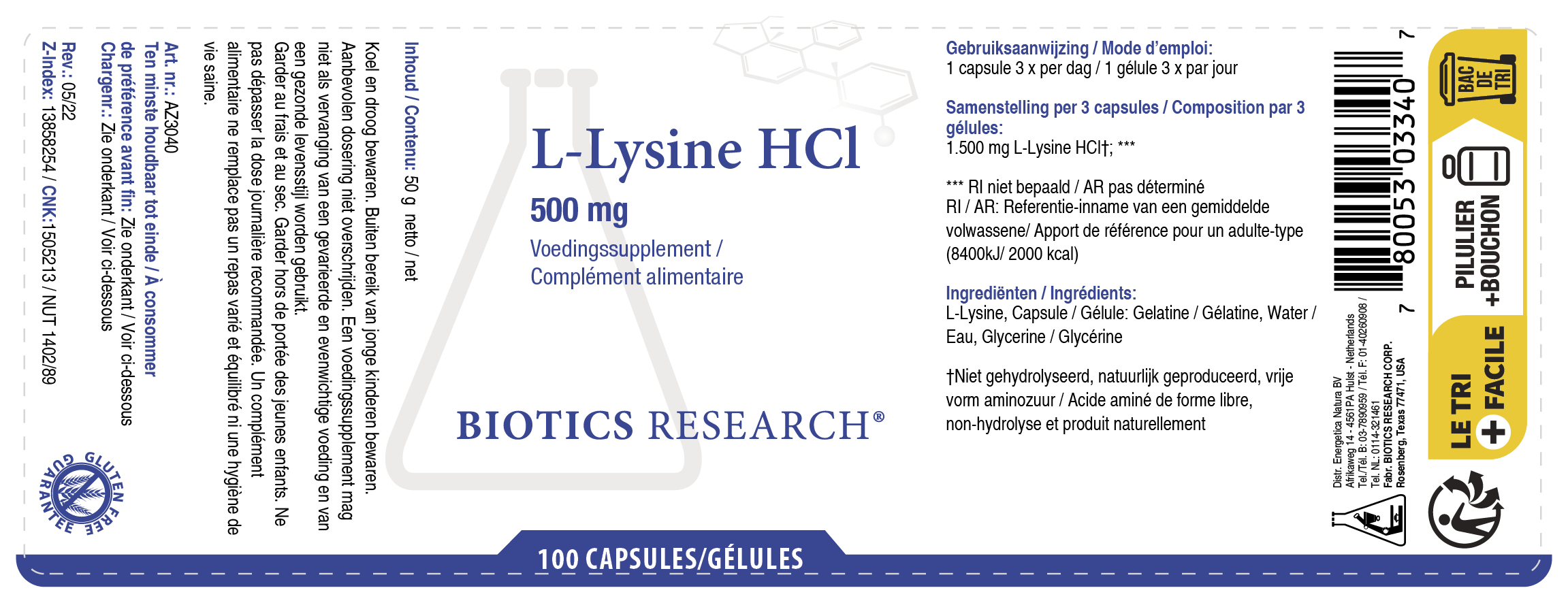L-Lysine HCl van Biotics Research – 500 mg L-lysine HCl per capsule in vrije vorm. Label