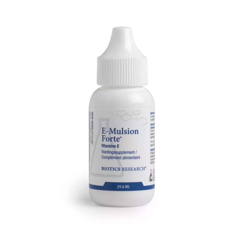 E-Mulsion Forte van Biotics Research – geëmulgeerde vitamine E als D-alfa-tocoferylacetaat, 4 mg per druppel via actiVmulsion®, 29,6 ml flacon