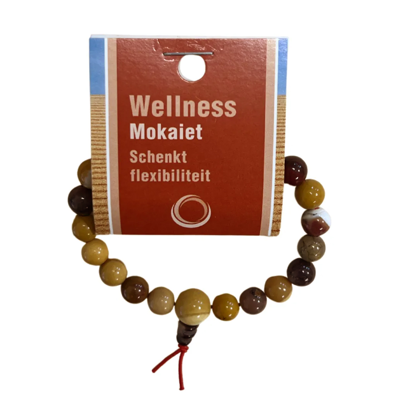 Mokaiet powerbead armband met 8 mm kralen in warme aardetinten op elastiek
