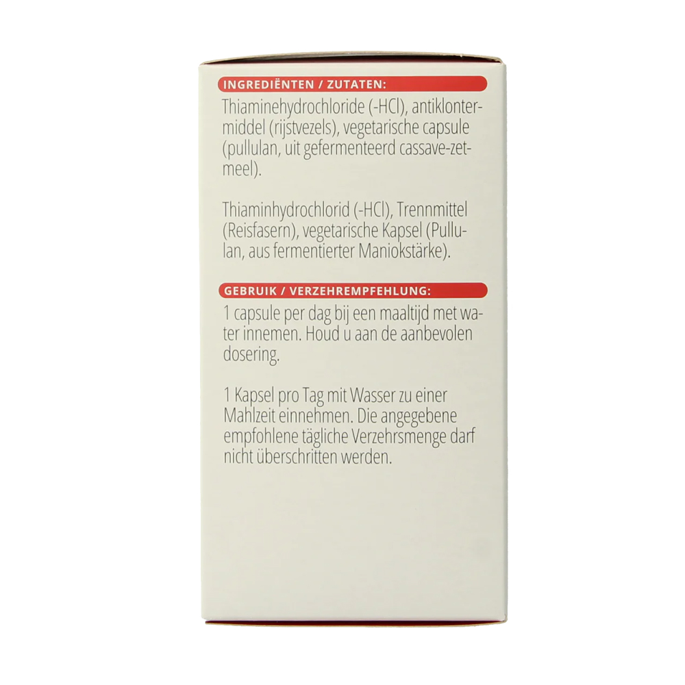 Vitals Vitamine B1 Thiamine 250mg 100 capsules - thiaminehydrochloride rijstvezels pullulan cassave vegetarisch Vitals BV EAN 8716717000630