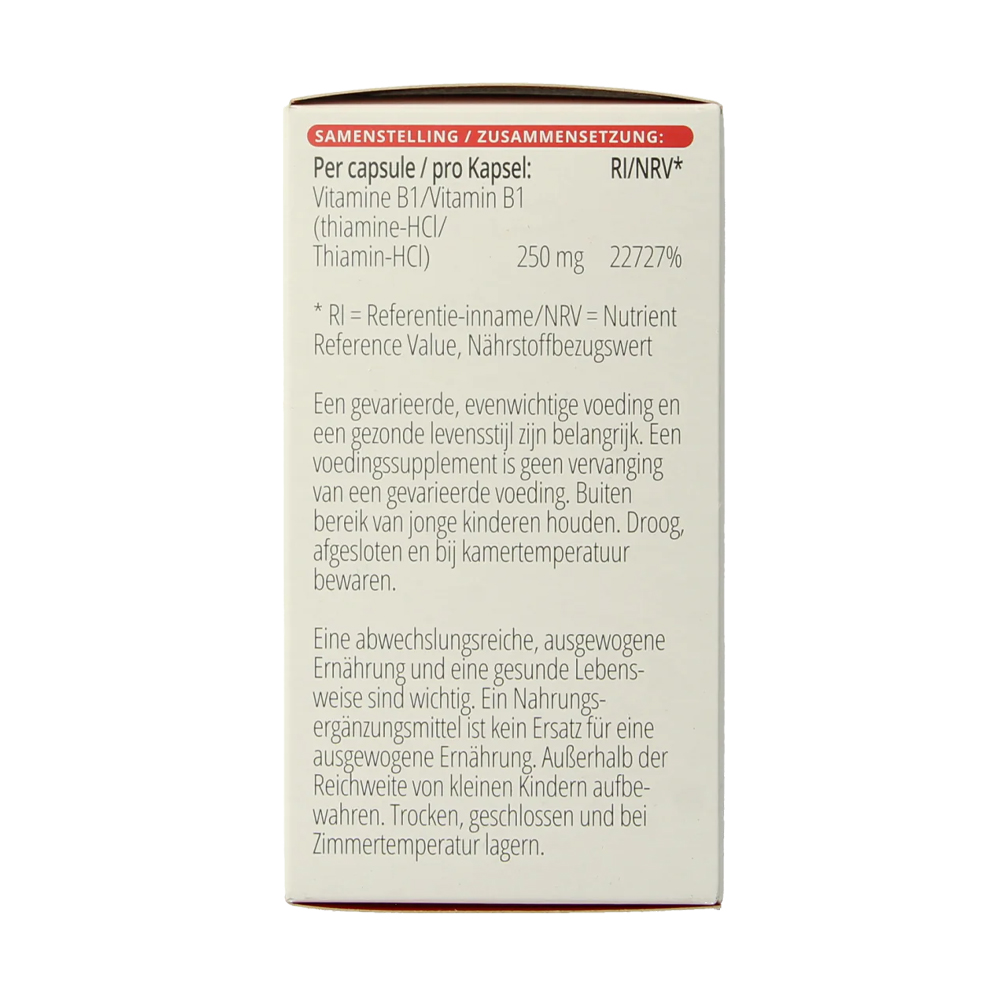 Vitals Vitamine B1 Thiamine 250mg 100 capsules - thiaminehydrochloride rijstvezels pullulan cassave vegetarisch Vitals BV EAN 8716717000630