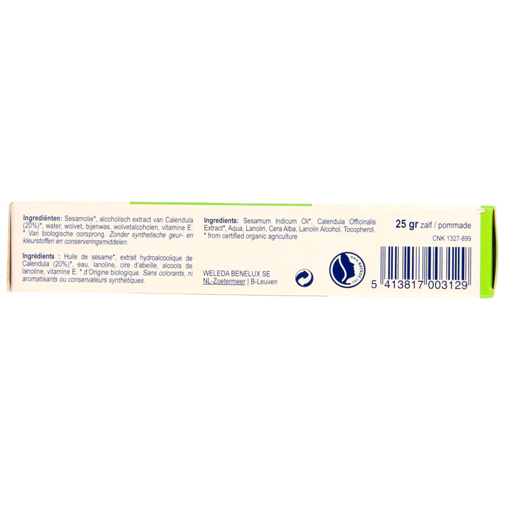Weleda Calendula Zalf 25 gram - Calendula officinalis extract sesamolie lanoline bijenwas tocoferol ruwe schrale huid kloofjes tepelkloven