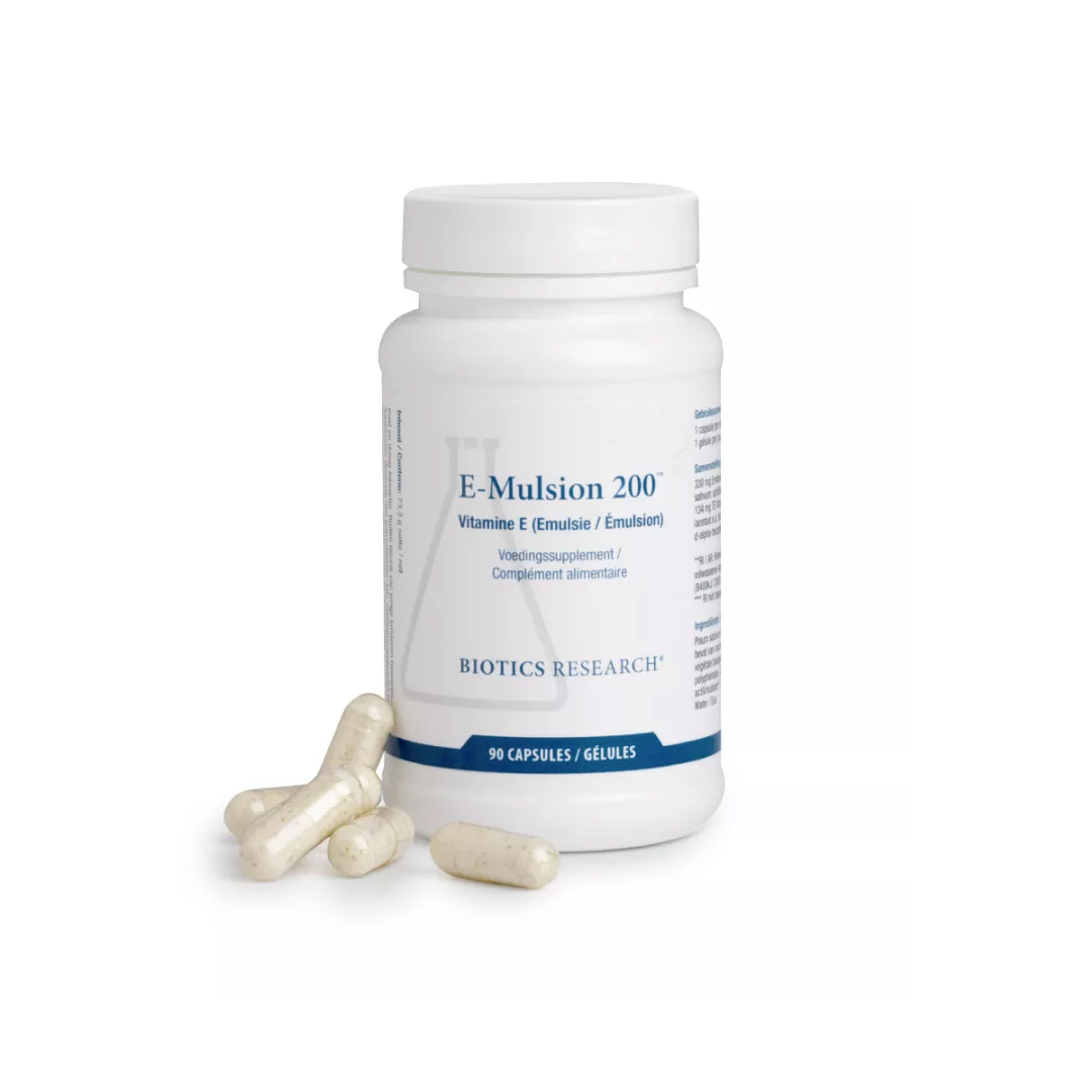 Biotics E-Mulsion 200 vitamine E 90 capsules – 134 mg alpha-TE vitamine E als micro-emulsie met actiVmulsion en actiVbase van Biotics Research