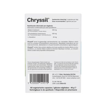 Nutriphyt Chryssil – capsules met mariadistel 80% silymarine, chrysant en gereduceerd L-glutathion, clean label voedingssupplement van Nutriphyt België