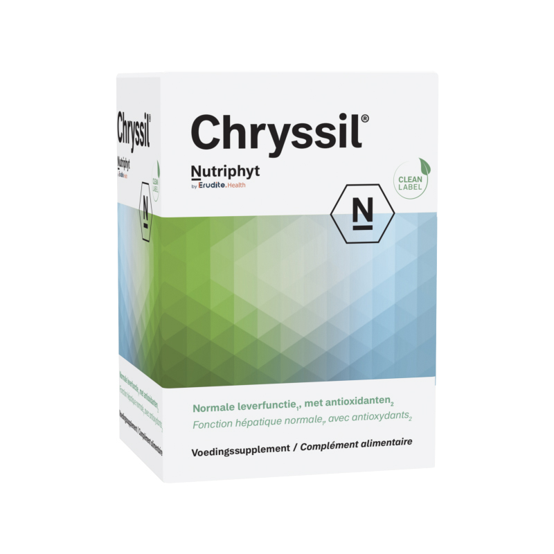 Nutriphyt Chryssil – capsules met mariadistel 80% silymarine, chrysant en gereduceerd L-glutathion, clean label voedingssupplement van Nutriphyt België