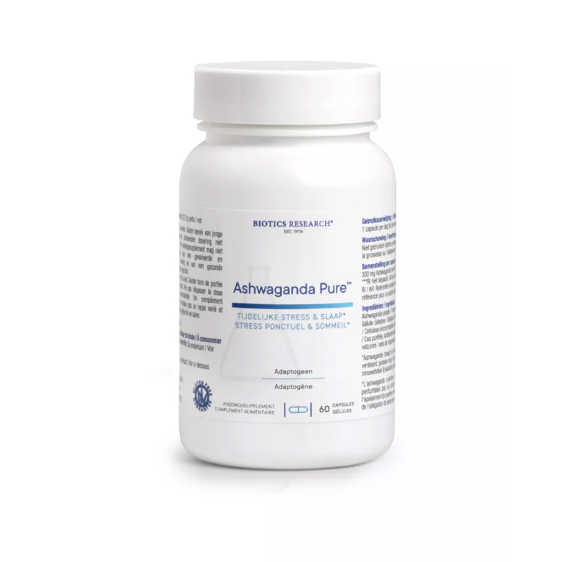 Biotics Ashwagandha Pure capsules – 300 mg Withania somnifera wortel per capsule, rundergelatine Halal van Biotics Research via Energetica Natura