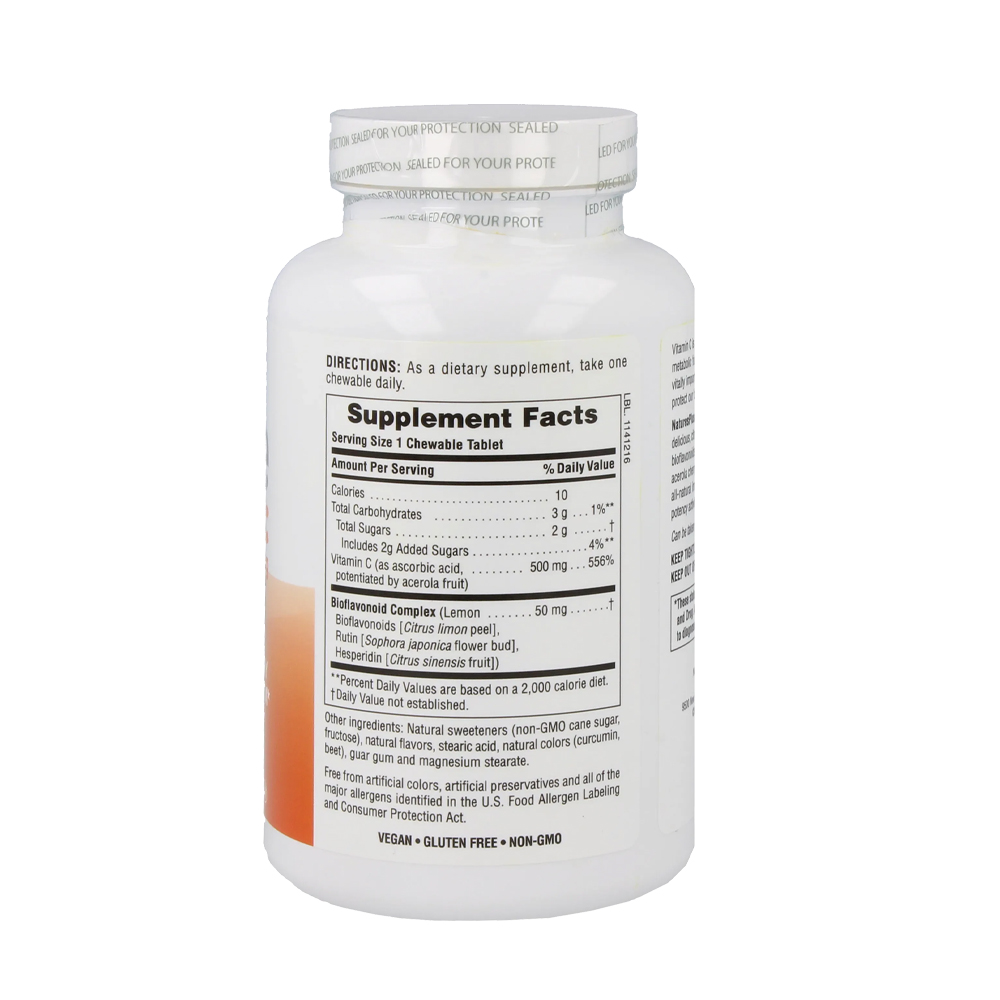 Immune Vitamine C 500 mg 100 kauwtabletten – ascorbinezuur bioflavonoïden citroenschil rutine hesperidine acerola rozenbottel kinderen immuun