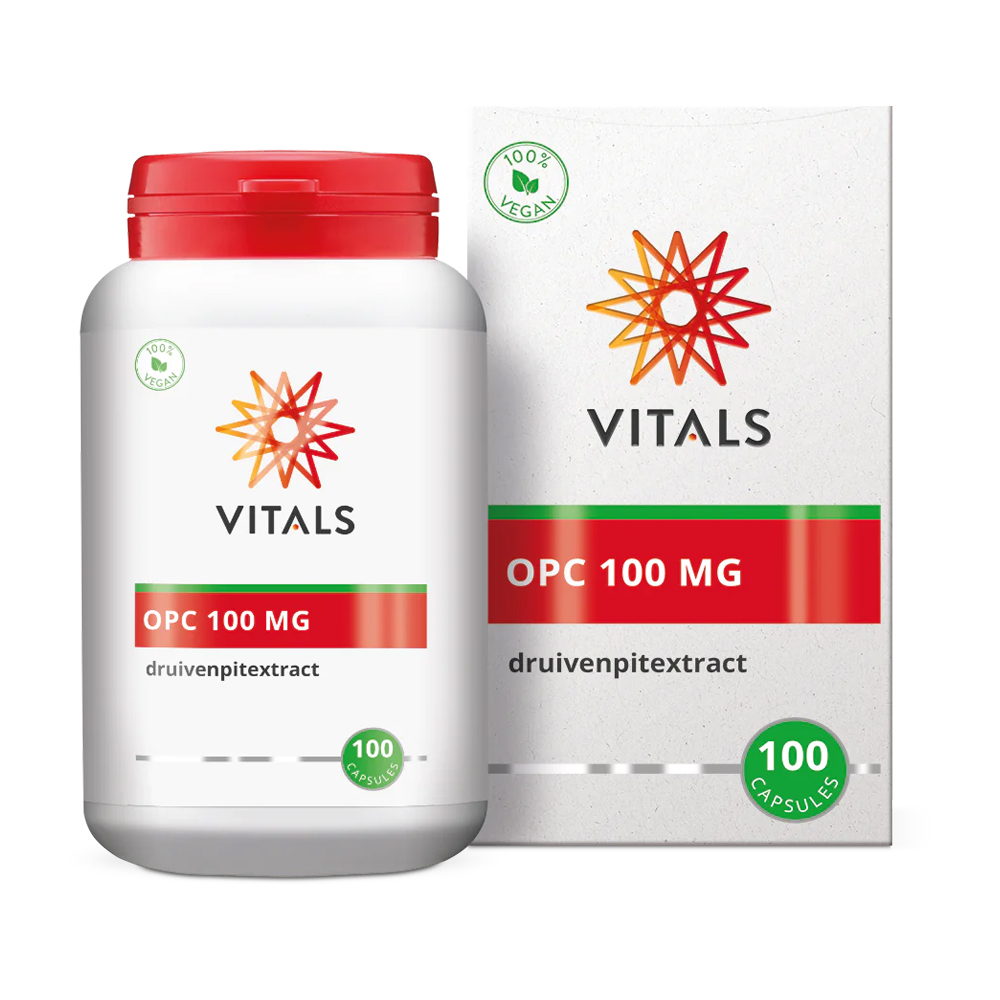Vitals OPC 100mg 100 capsules - druivenpitextract Vitis vinifera 250mg min 95% proanthocyanidinen 100mg OPC pullulan rijstebloem vegan