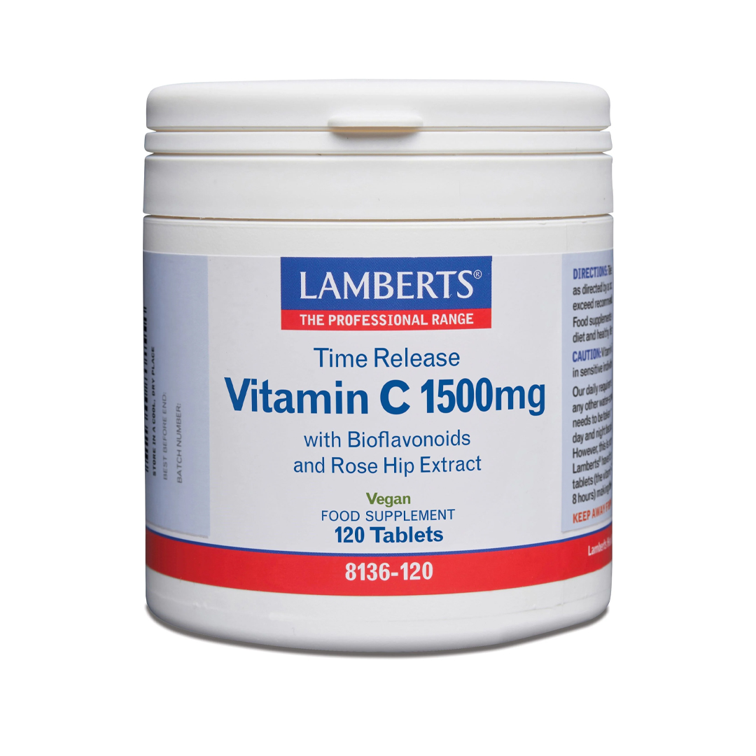 Lamberts Vitamine C 1500 mg Time Release en Bioflavonoïden 120 tabletten – 1500 mg vitamine C met citrusbioflavonoïden en rozenbottel, 6 uur afgifte, veganistisch