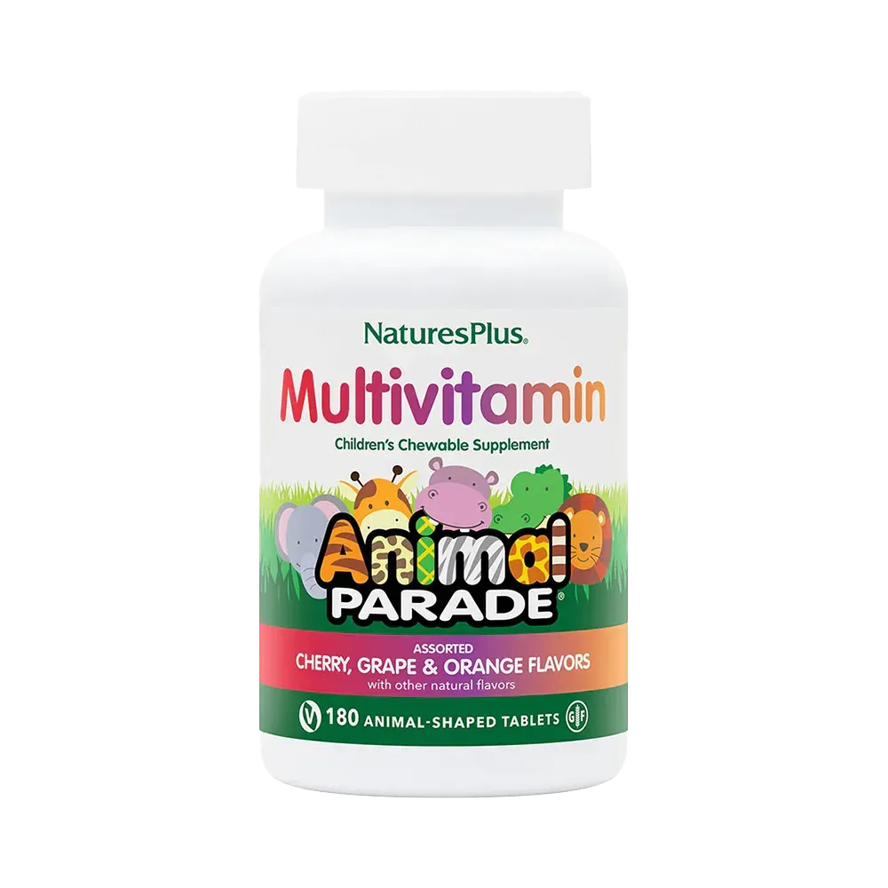 Animal Parade Multivitaminen kinderen kauwtabletten NaturesPlus – diervormen kers sinaasappel druif vitamines mineralen spirulina broccoli glutenvrij vegetarisch