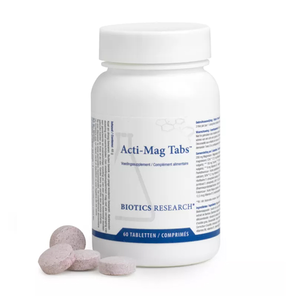 Biotics Acti-Mag Tabs magnesium 60 tabletten – magnesiumglycerofosfaat met B-vitaminen, folaat, taurine en bamboe-extract