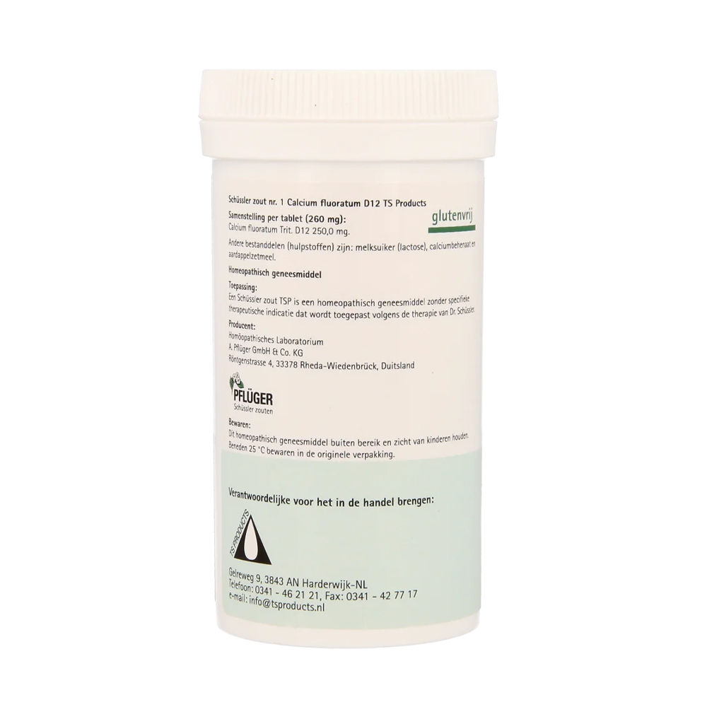Pfluger Calcium Fluoratum 1 D12 Schussler celzout homeopathisch geneesmiddel 400 tabletten 250mg lactose calciumbehenaat aardappelzetmeel