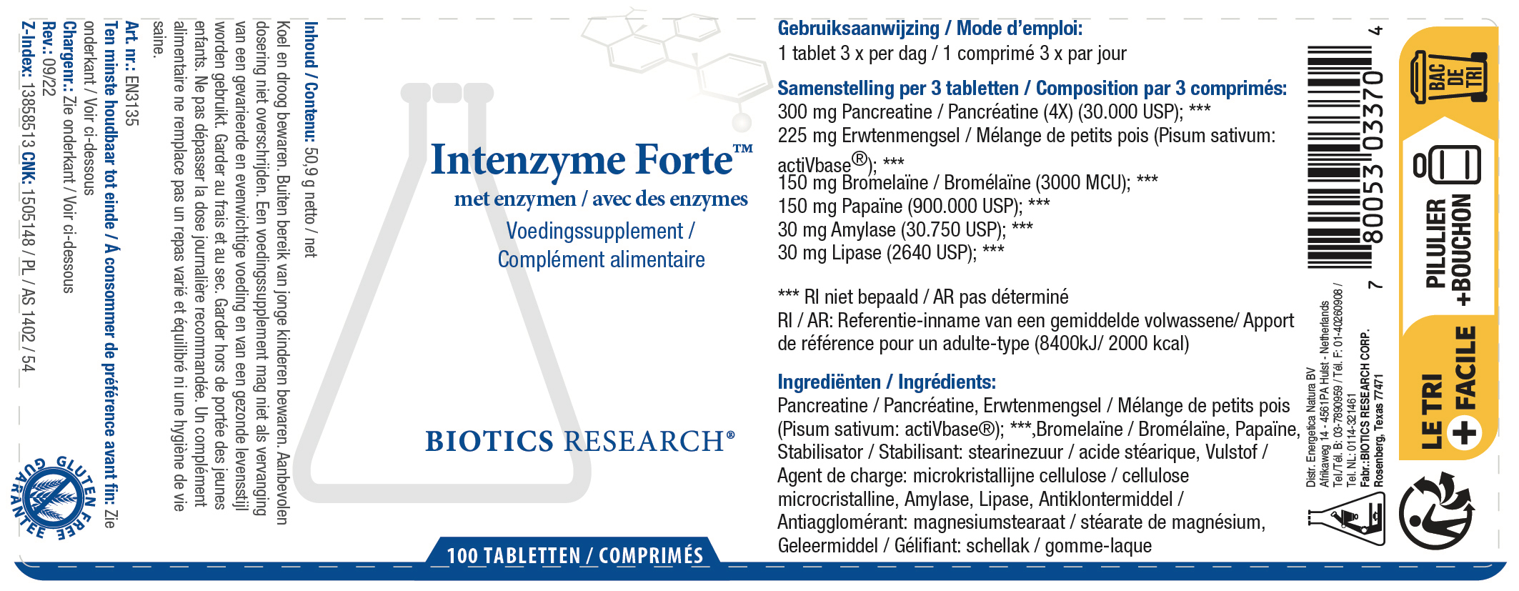 Etiket Intenzyme Forte 500 tabletten – systemisch enzymcomplex van Biotics Research