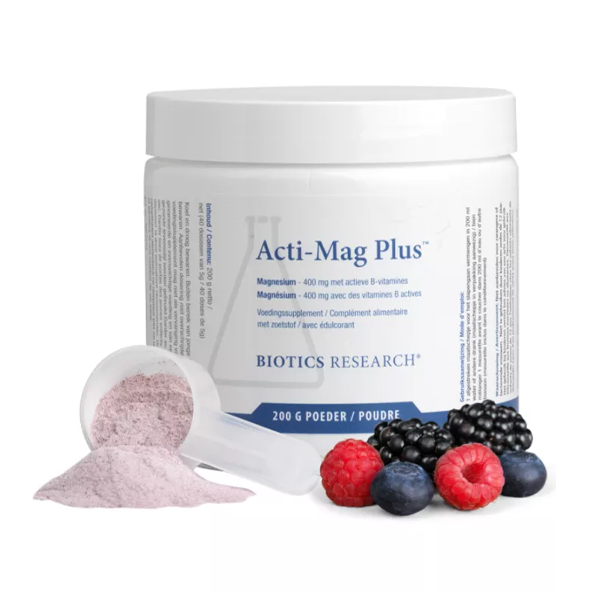 Biotics Acti-Mag Plus Magnesium poeder bessensmaak 200 gram – magnesiumglycerolfosfaat met B-vitaminen, taurine en bamboe-extract